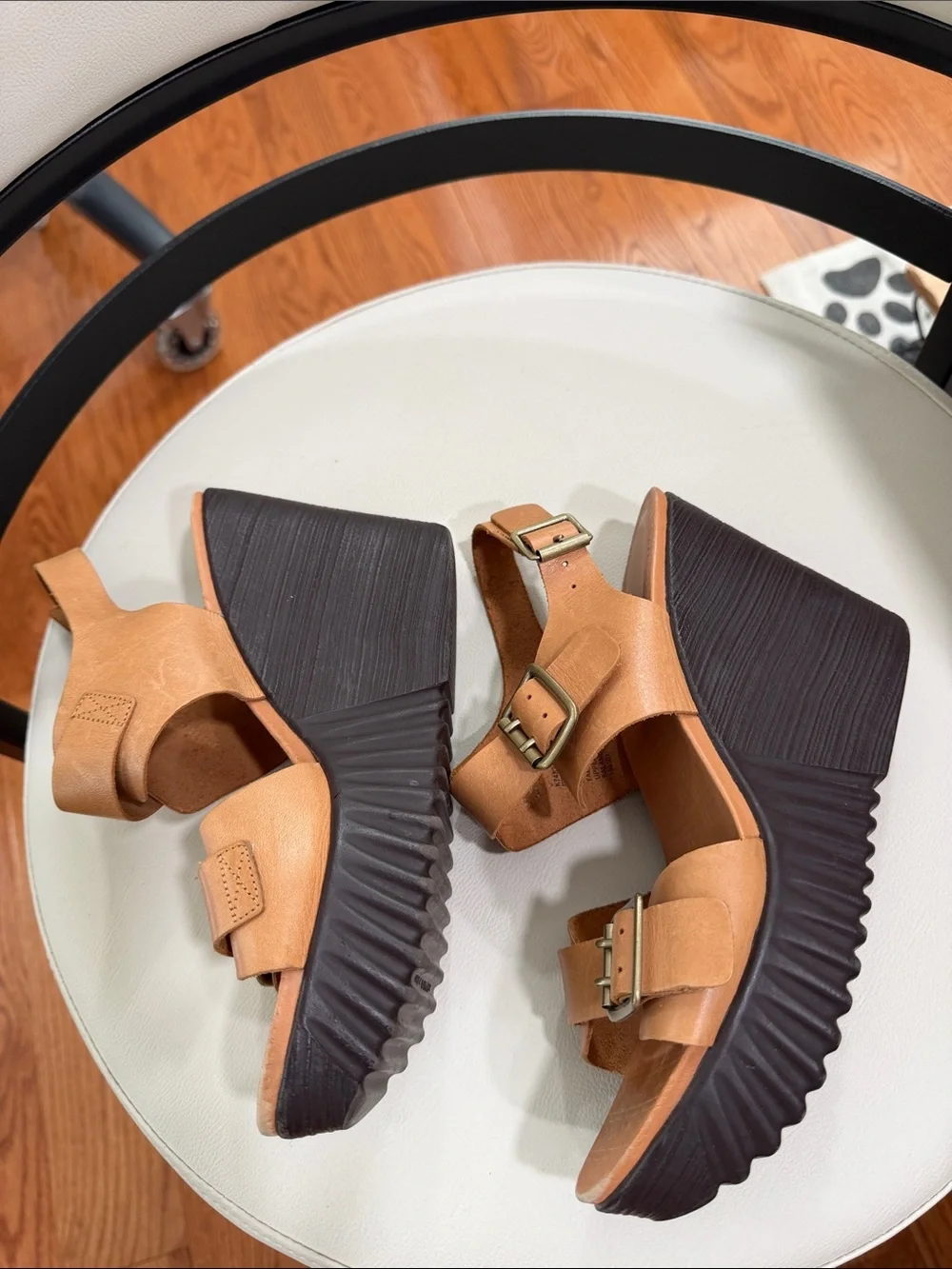 Rockport Tan Leather Wedge Sandals with Black Platform Shoes